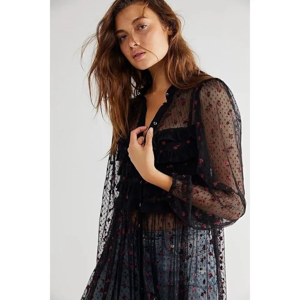 NEW FREE PEOPLE ROSE MAXI TOP EMBROIDERED MESH LACE SHIRT DRESS TUNIC BLACK
